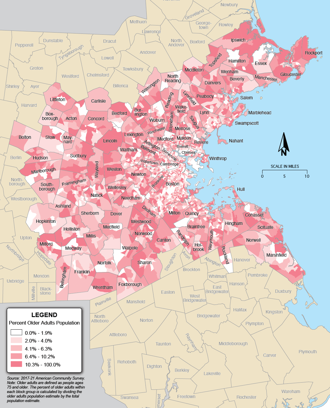 A map showing the percentage of older adults in the Boston Region. A map showing the percentage of older adults in the Boston Region.